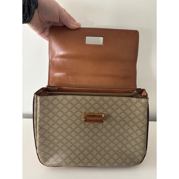 Celine Logo Macadam Pattern Hand Bag Leather Tan/Brown Crossbody Authentic Vtg - Picture 9 of 16